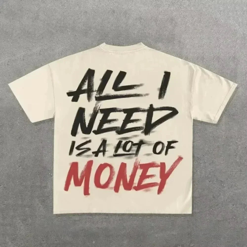 Cream-colored 2026 summer men’s hip hop letter printed cotton round neck t-shirt with bold text on the back