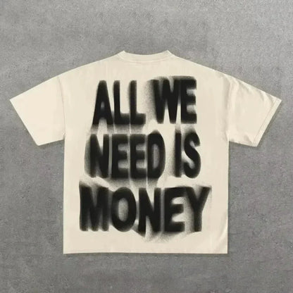 Back view of cream-colored 2026 summer men’s hip hop letter printed cotton round neck t-shirt with bold black text and neutral street cool style
