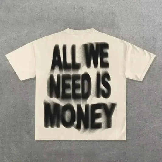 Back view of cream-colored 2026 summer men’s hip hop letter printed cotton round neck t-shirt with bold black text and neutral street cool style