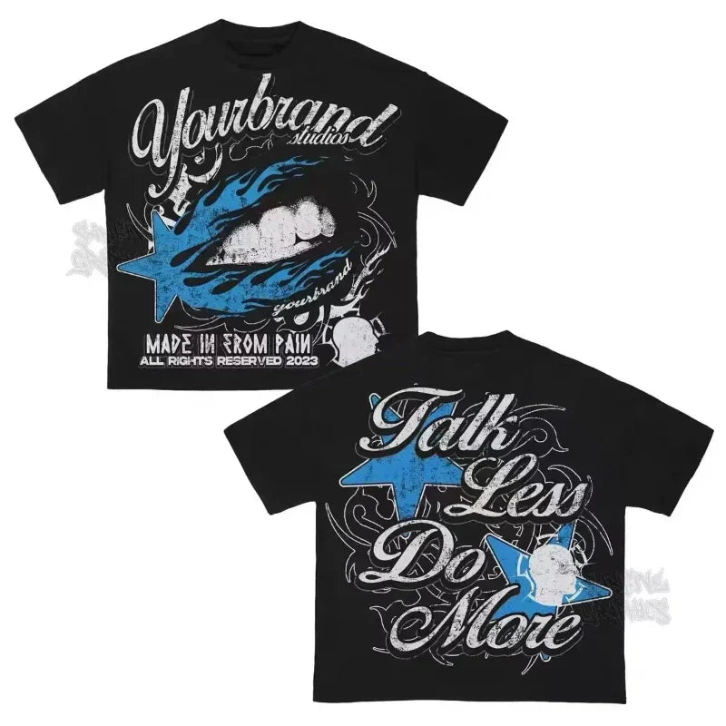 Black hip hop letter t-shirt with bold blue and white lips design, neutral loose casual fit, outdoor short sleeve style