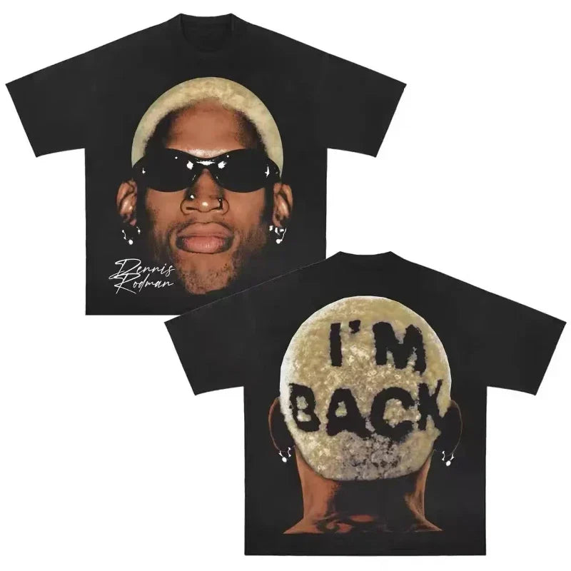 Black 2026 summer retro hip hop letter portrait printed men’s round neck t-shirt with dennis rodman graphic and outdoor short sleeve