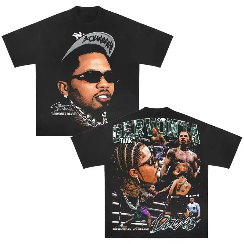 Black graphic t-shirt featuring gervonta davis portrait front and hip hop letter outdoor short sleeve back design