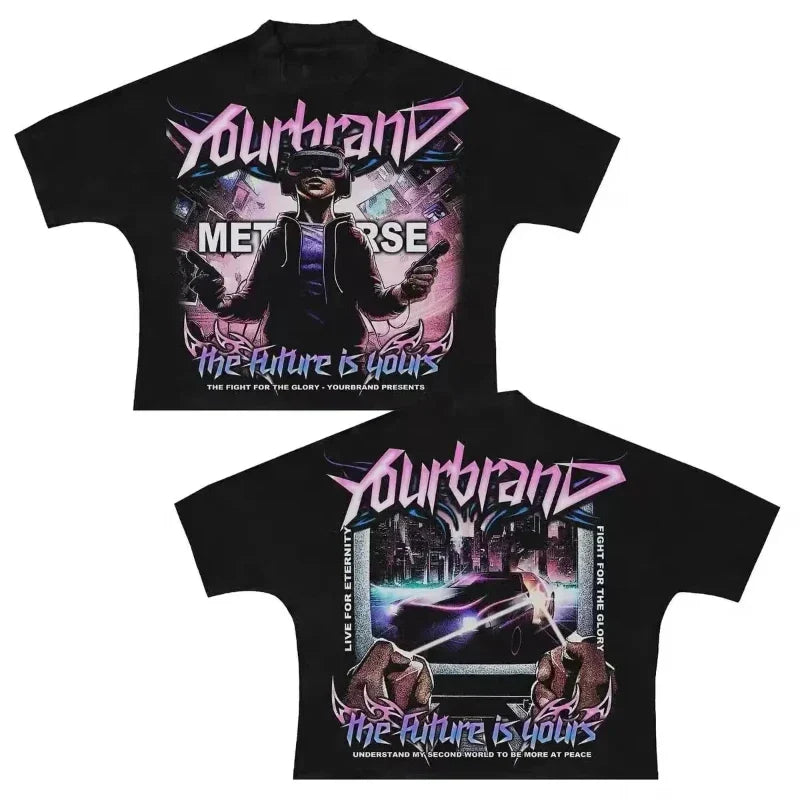 Black short-sleeved hip hop letter t-shirt with vibrant purple and pink graphic design neutral loose casual outdoor use