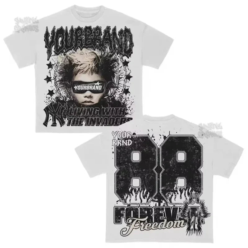 White t-shirt with black hip hop letter graphic, neutral loose casual fit, outdoor short sleeve for summer 2026