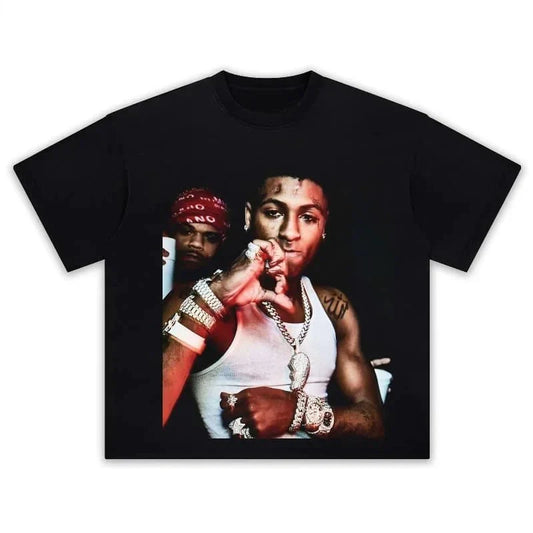 Black cotton oversized tshirts hip hop featuring rapper youngboy never broke again with vintage print of two men