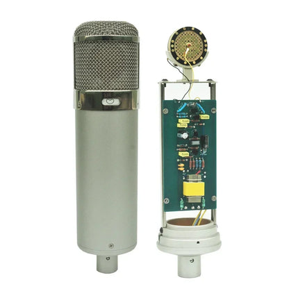 Silver condenser microphone ma-u47 with mesh grille and exposed internal circuit board for studio recordings condenser use