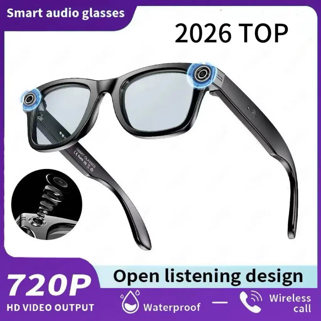 Black-framed meta smart glasses with 8MP camera video recording and wireless call features for languages translation sunglasses