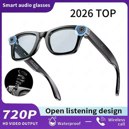Black-framed meta smart glasses with 8MP camera video recording and wireless call features for languages translation sunglasses