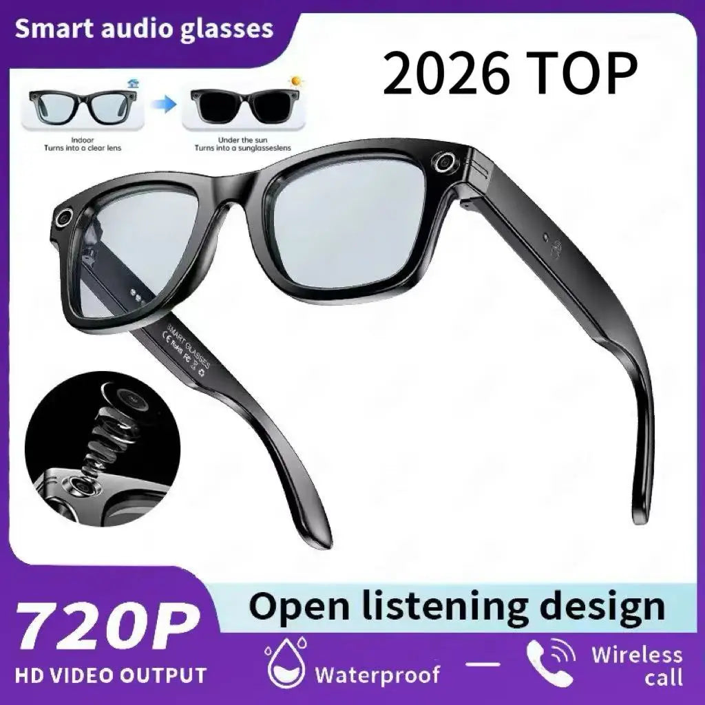 Black-framed meta smart glasses with sleek design, reflective lenses, 8MP camera video recording, and languages translation sunglasses