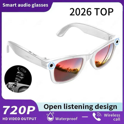 White-framed meta smart glasses with rose-tinted lenses and speakers featuring 8MP camera video recording and languages translation sunglasses functions