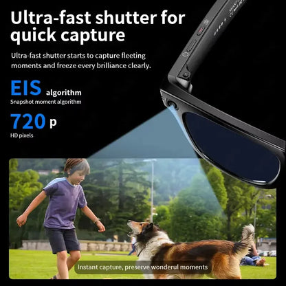 Black-framed meta smart glasses with built-in camera video recording and control buttons for languages translation sunglasses use