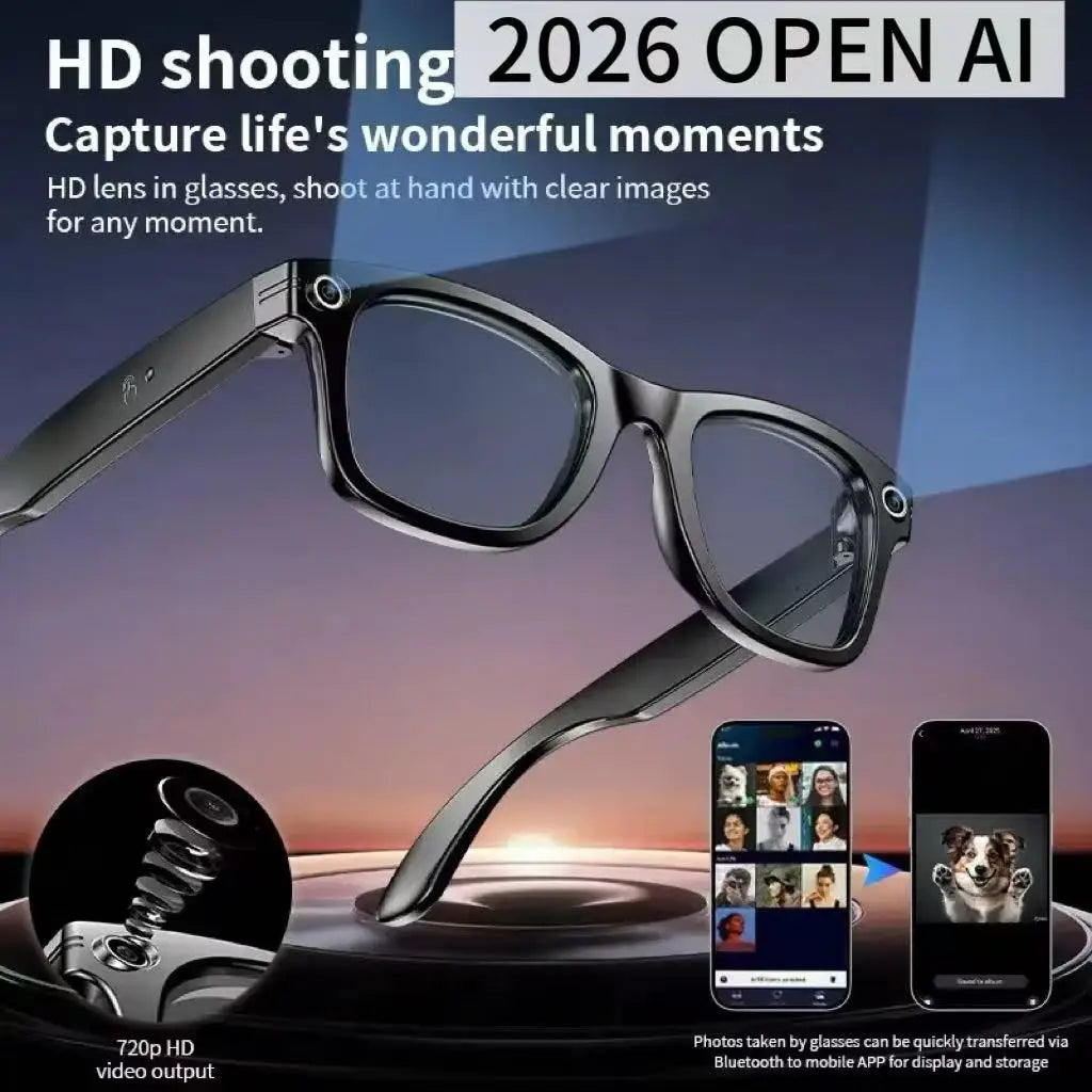 Black-framed meta smart glasses with hd lenses and 8mp camera video recording for languages translation sunglasses use