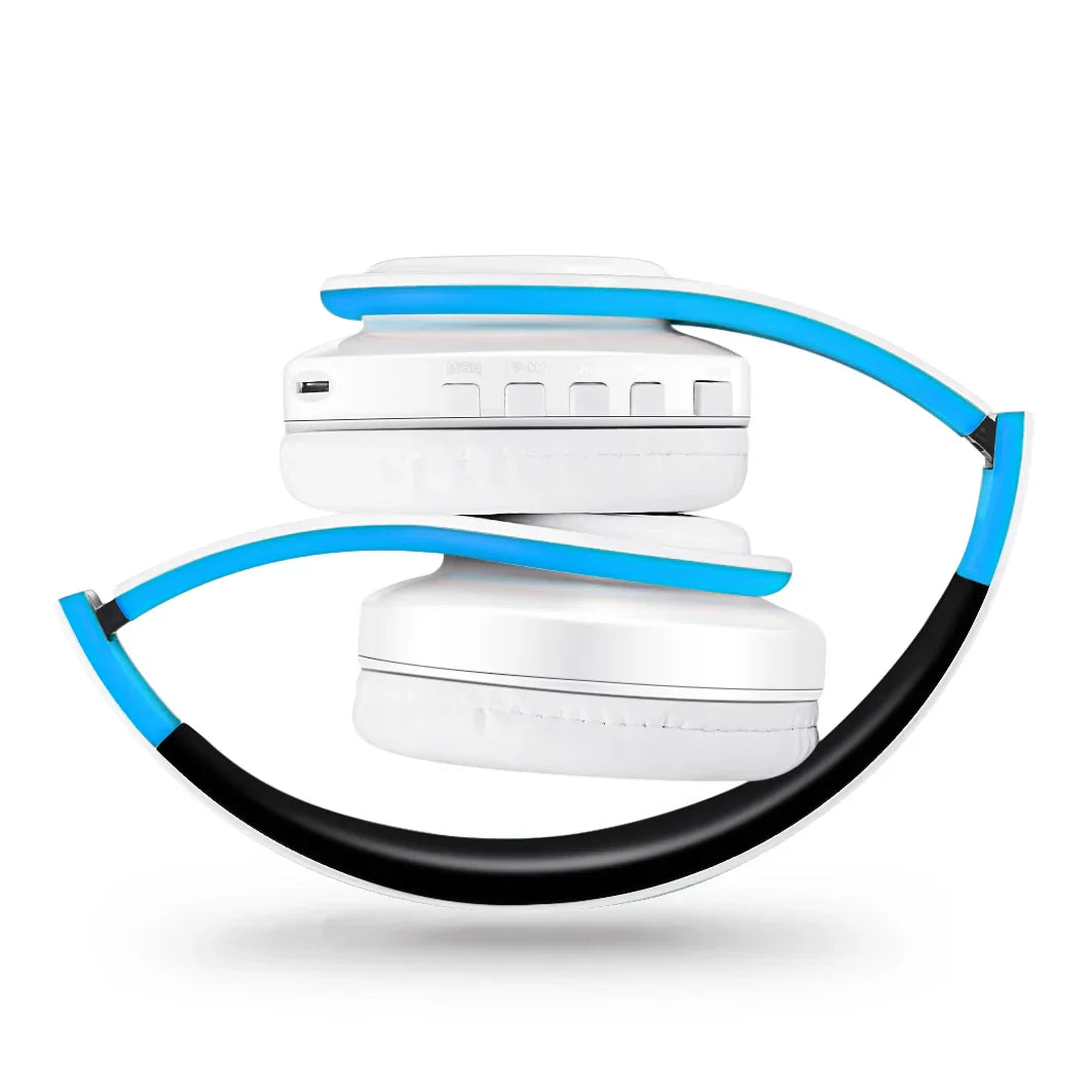 White and blue foldable wireless bluetooth stereo headset upgrading sports overhead earphone with mic for smartphone and pc