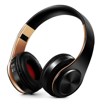 Black and gold wireless bluetooth stereo headset upgrading sports with padded earcups for smart phone tv pc tablet use