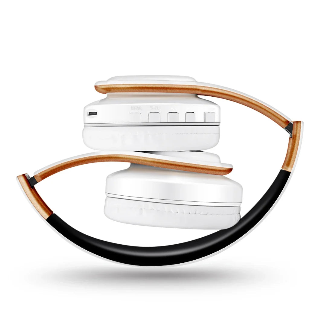 White wireless bluetooth stereo headset upgrading sports overhead earphone with wood-textured headband and black padding