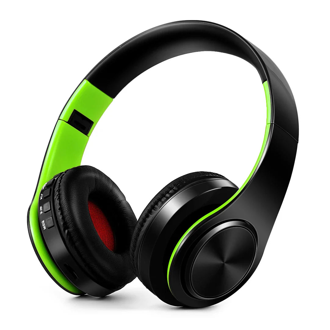 Black and neon green wireless bluetooth stereo headset upgrading sports overear headphones with mic for smartphone use