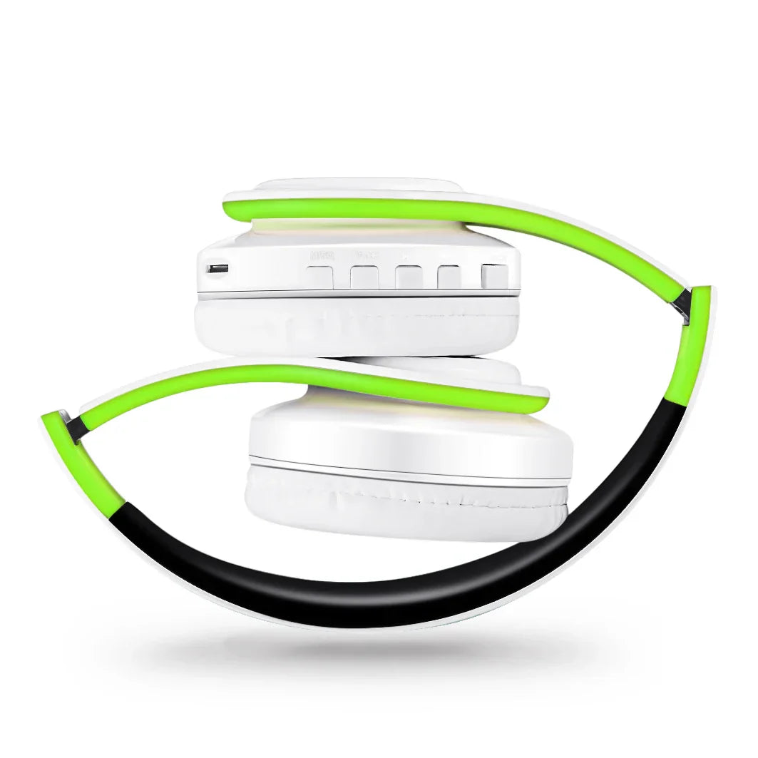 White wireless bluetooth stereo headset upgrading sports over-ear headphones with lime green and black headband for music