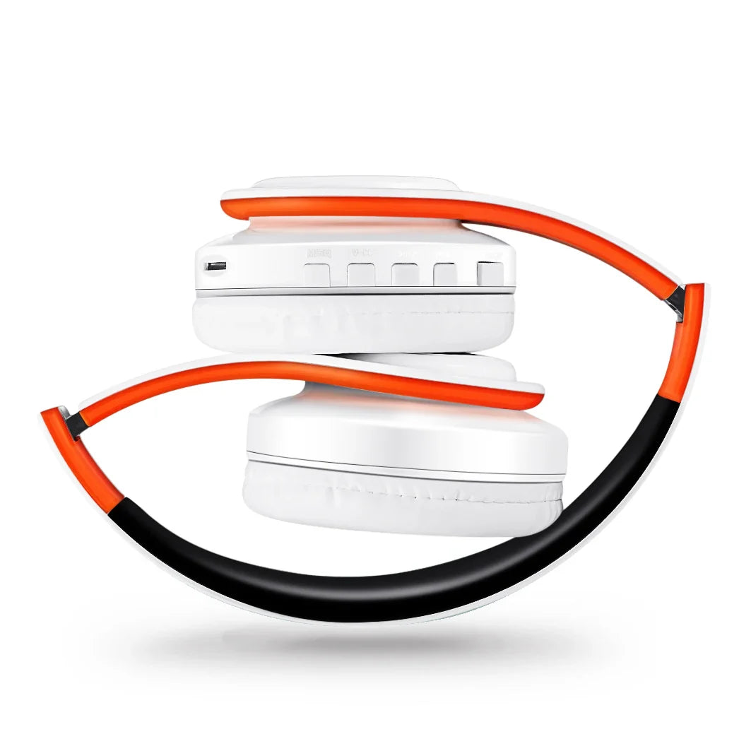 White wireless bluetooth stereo headset upgrading sports with vibrant orange and black adjustable sports overhead earphone design