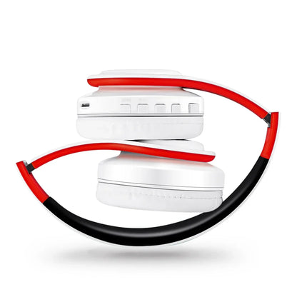 White and red wireless bluetooth stereo headset upgrading sports over-ear headphone with sleek curved headband design