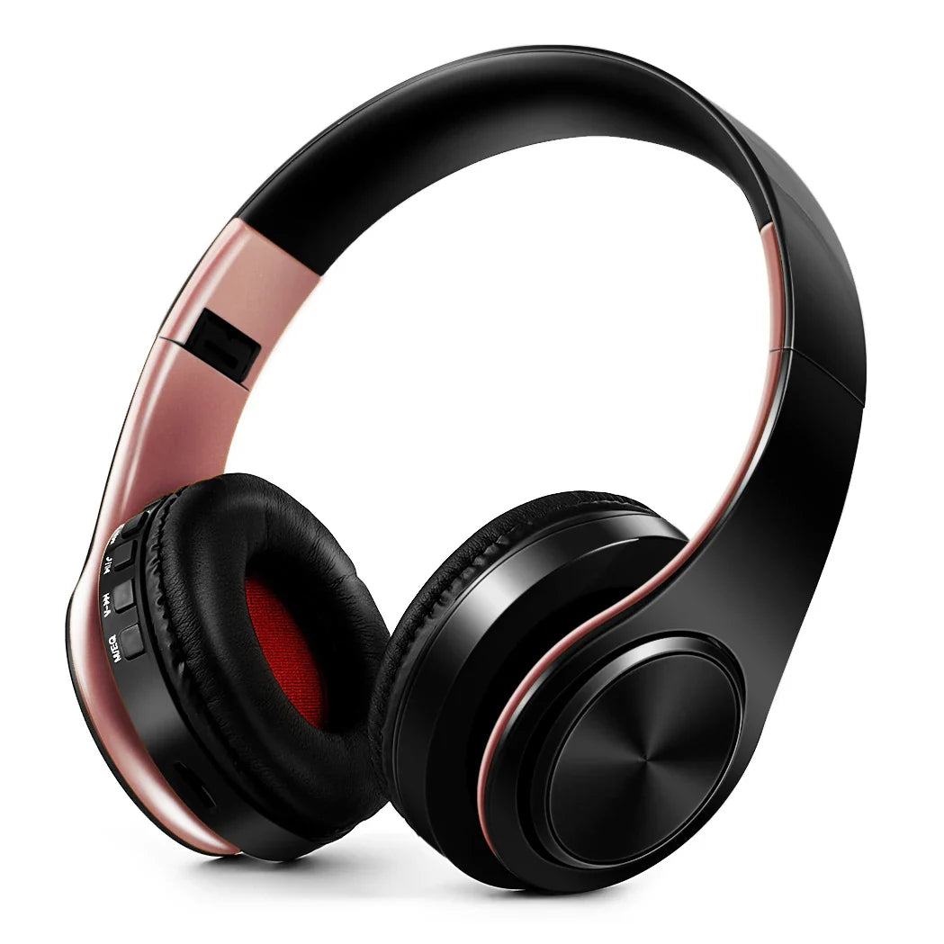 Black and rose gold wireless bluetooth stereo headset upgrading sports over-ear headphones with padded earcups and mic