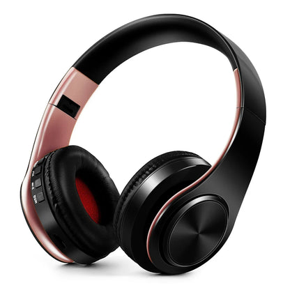 Black and rose gold wireless bluetooth stereo headset upgrading sports over-ear headphones with padded earcups and mic