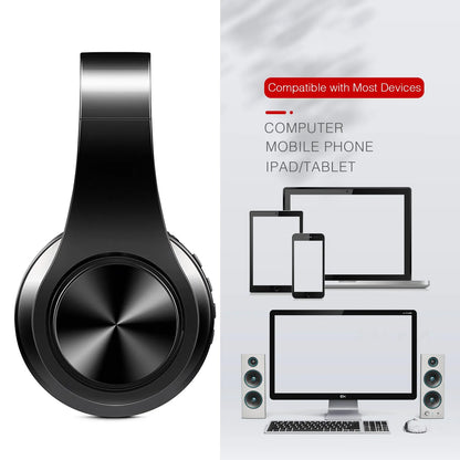 Black wireless bluetooth stereo headset upgrading sports over-earphone with metallic finish and circular earcups for devices