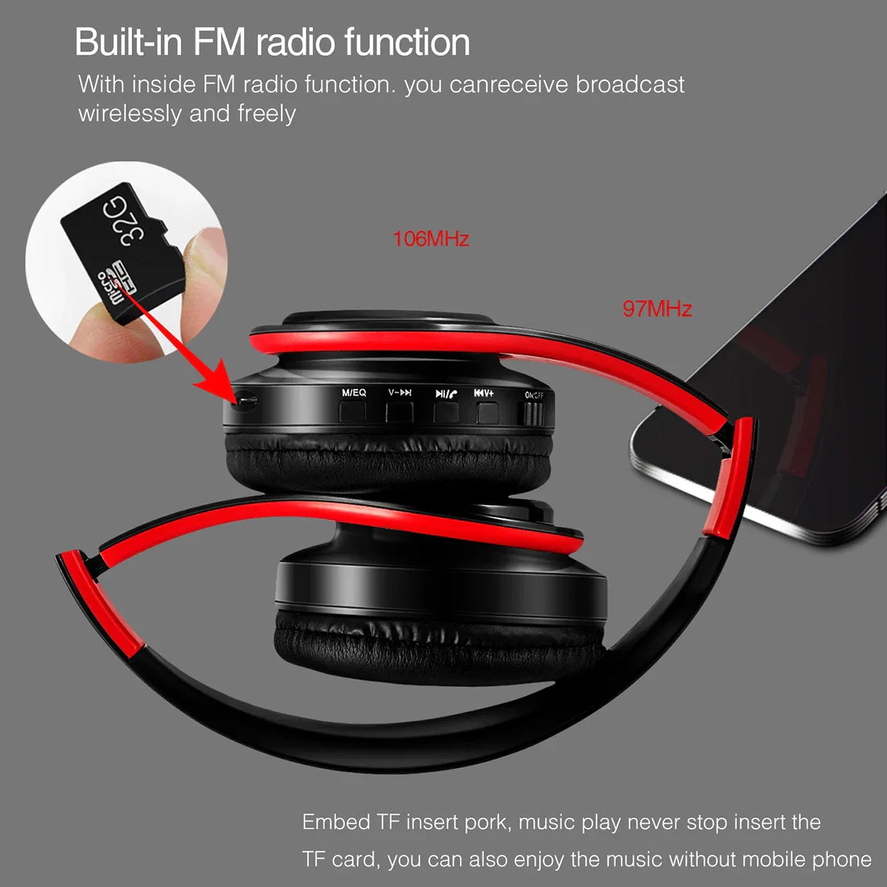 Black and red wireless bluetooth stereo headset upgrading sports with fm radio and adjustable sports overhead earphone controls