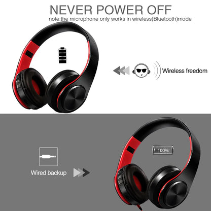 Black and red wireless bluetooth stereo headset upgrading sports with adjustable padded earcups for comfortable sports use