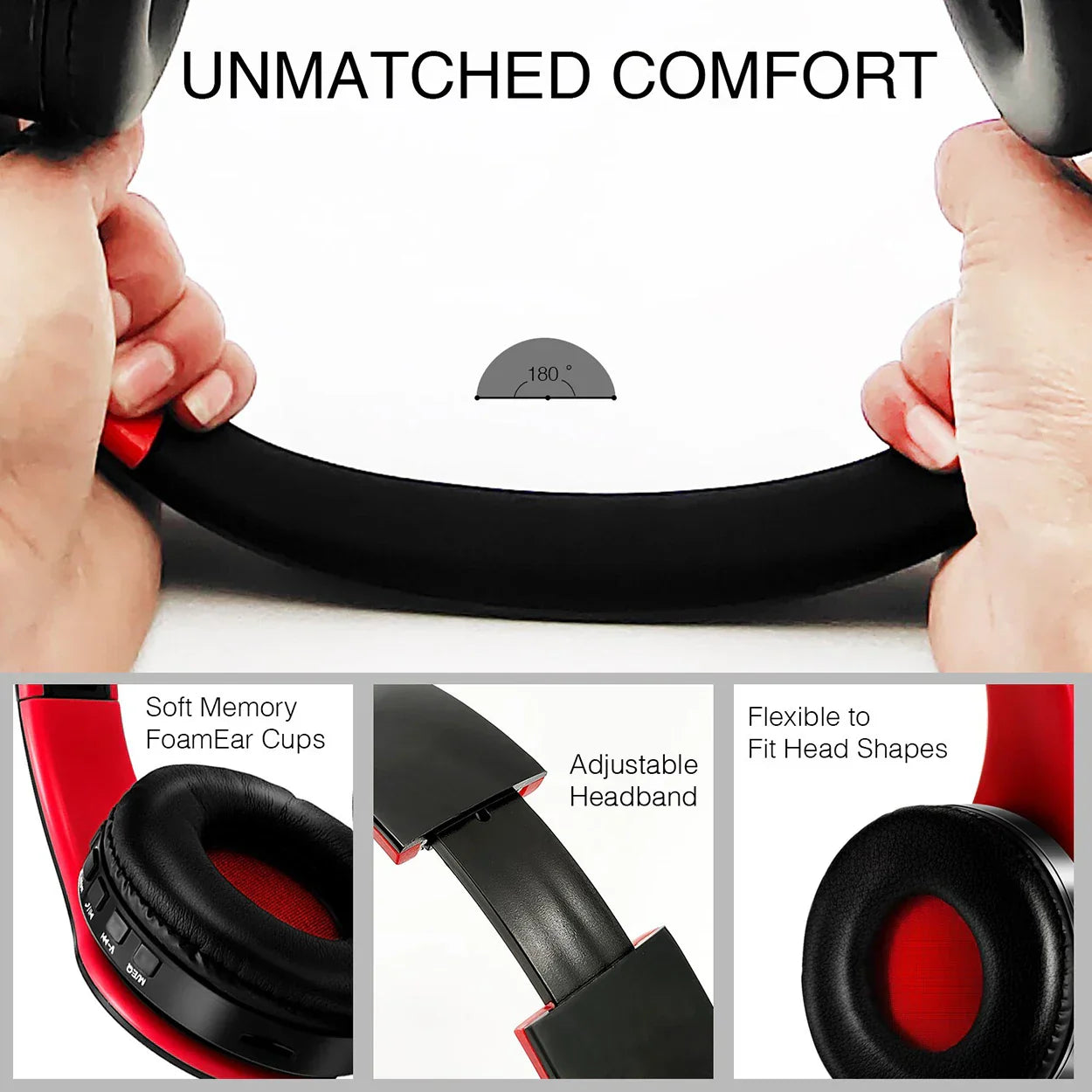 Black and red wireless bluetooth stereo headset upgrading sports over-ear headphones with memory foam ear cups and adjustable band