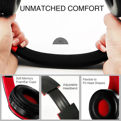 Black and red wireless bluetooth stereo headset upgrading sports over-ear headphones with memory foam ear cups and adjustable band