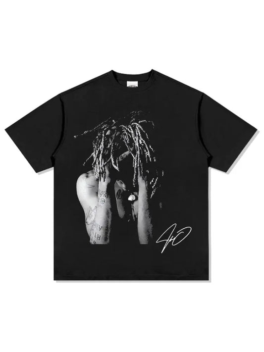 Black short-sleeved 2026 XXXTentacion hip hop rap t-shirt with black-and-white dreadlocks graphic and signature print