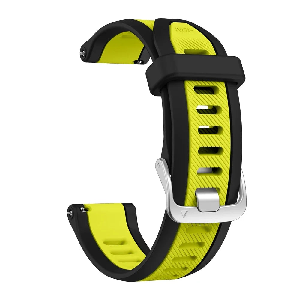 Bright yellow and black 20mm quick release silicone strap with silver-toned buckle for garmin forerunner and vivoactive