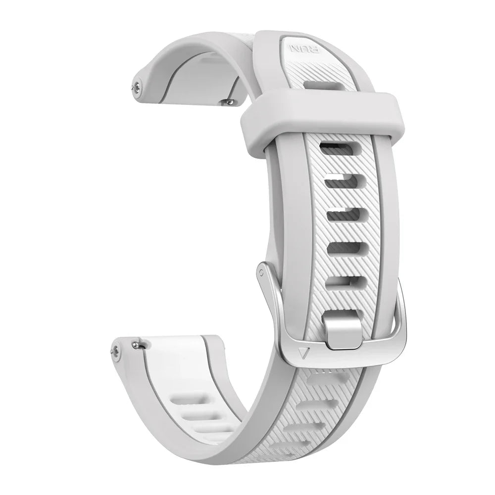 White 20mm quick release silicone strap with silver buckle and perforated design for garmin forerunner and garmin vivoactive