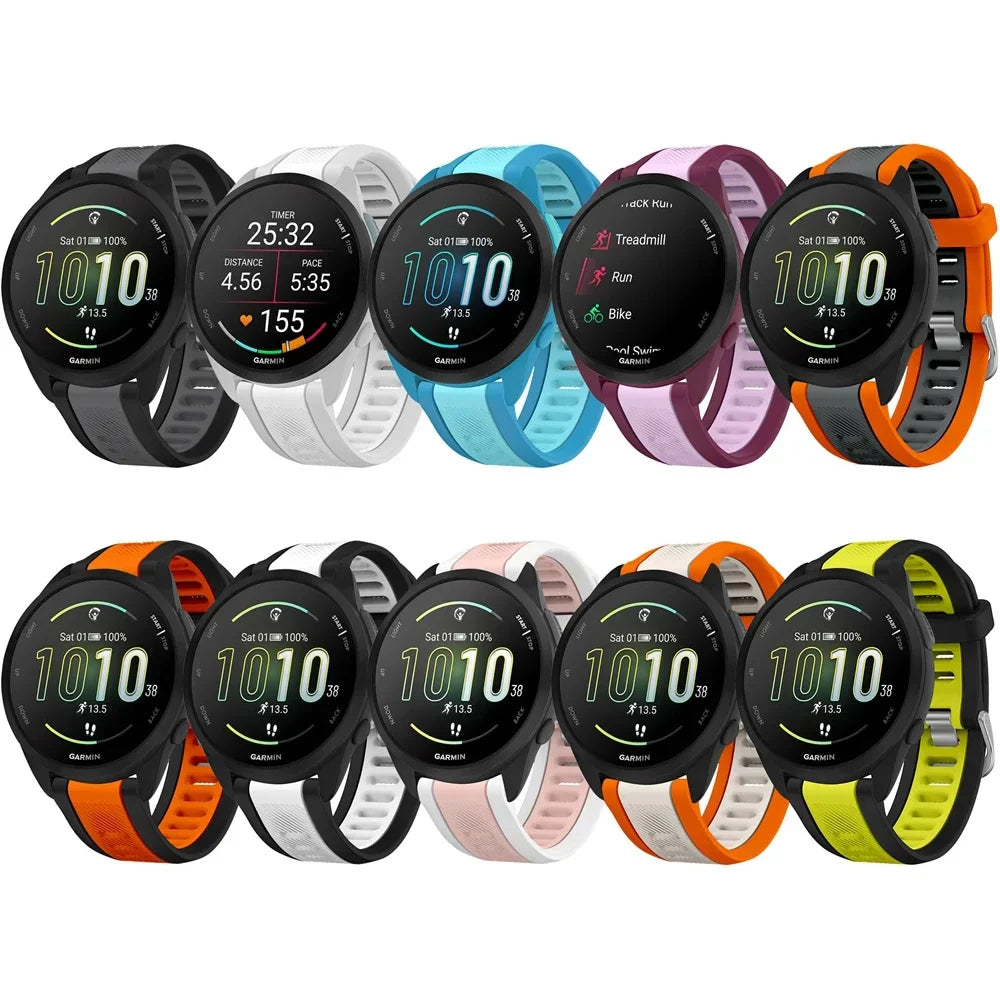 A collection of garmin forerunner and garmin vivoactive watches with 20mm quick release silicone straps in vibrant colors