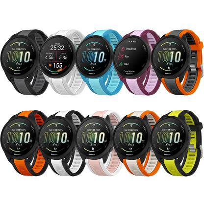 A collection of garmin forerunner and garmin vivoactive watches with 20mm quick release silicone straps in vibrant colors