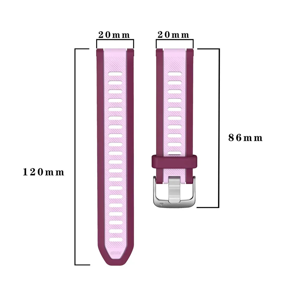 A two-tone pink and purple 20mm quick release silicone watch band with silver buckle for garmin forerunner and vivoactive