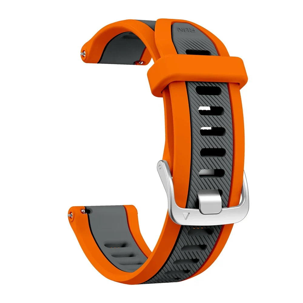Vibrant orange and gray 20mm quick release silicone strap with silver buckle for Garmin Forerunner and Vivoactive watches
