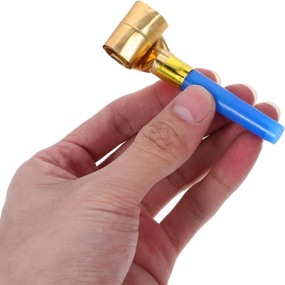 A blue plastic handle with a gold metallic party horn nozzle for 20pcs musical blow kids cute blowouts and fringed metallic noisemaker
