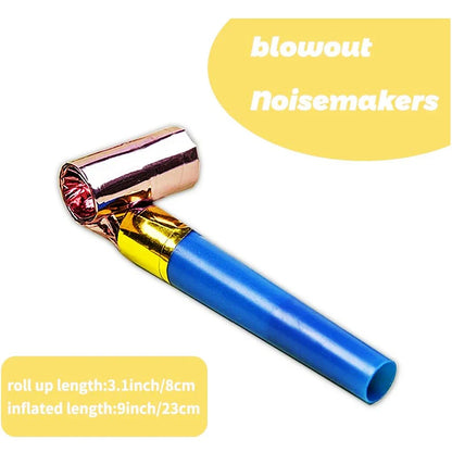 Blue and gold 20pcs musical blow fringed metallic noisemaker with shiny finish kids cute blowouts for party