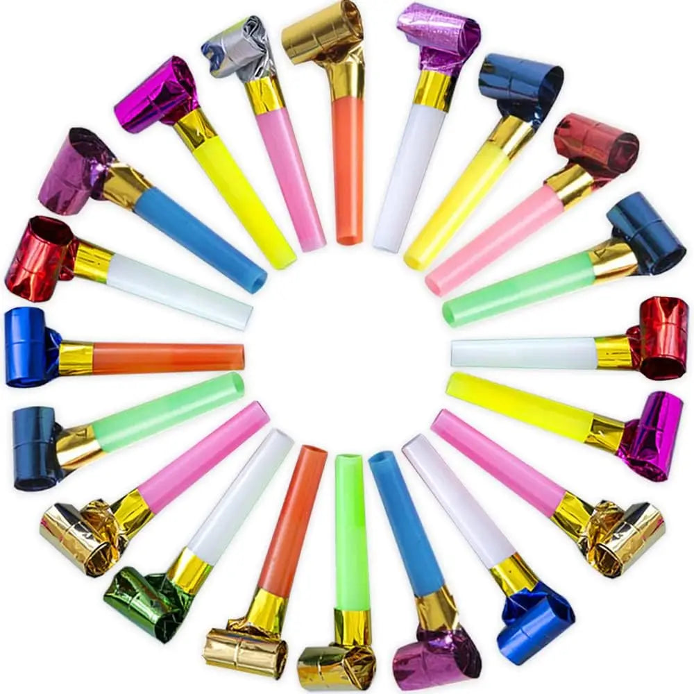 A collection of 20pcs musical blow colorful kids cute blowouts with fringed metallic noisemaker accents for parties
