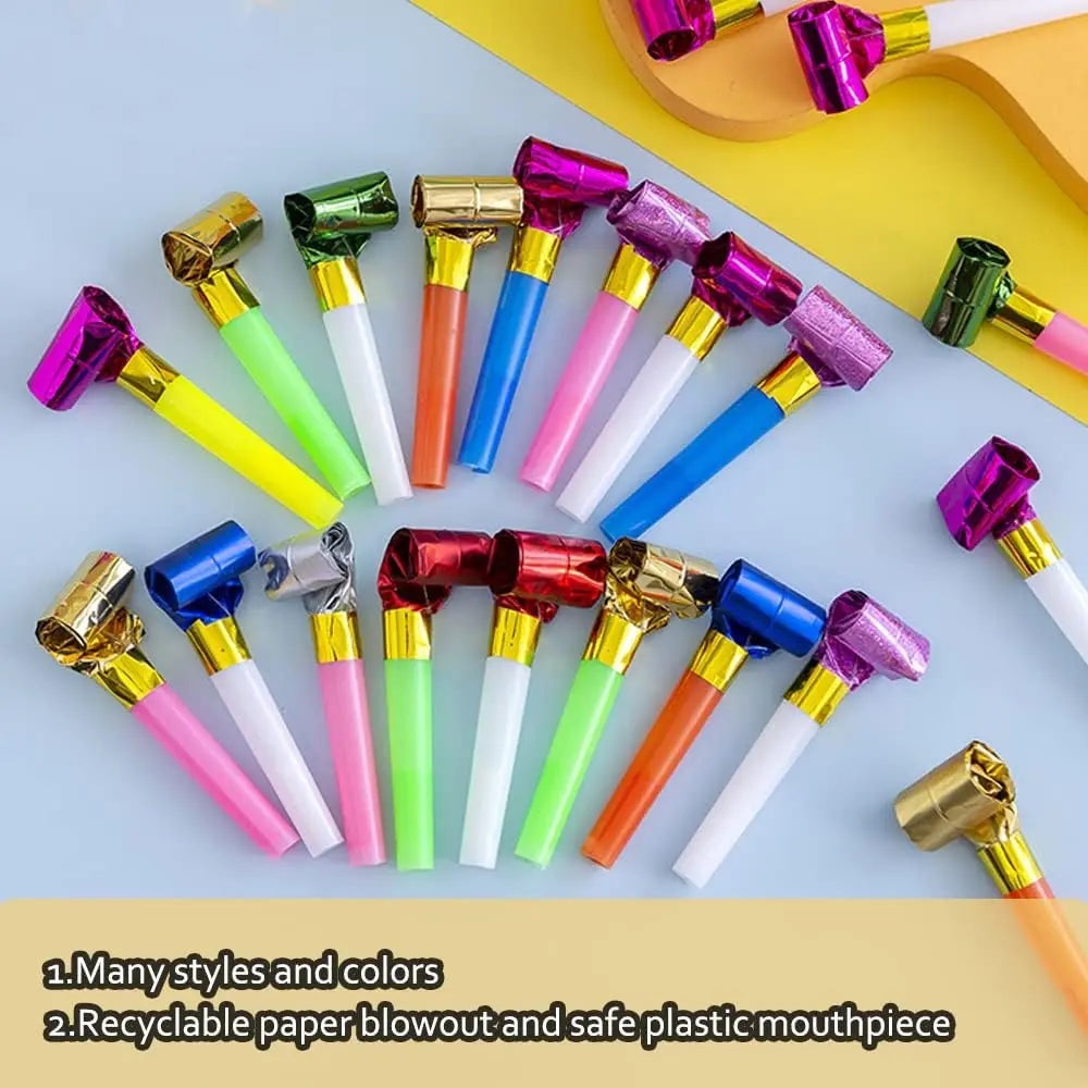 A collection of 20pcs musical blow colorful kids cute blowouts with glitter fringed metallic noisemaker tops for parties