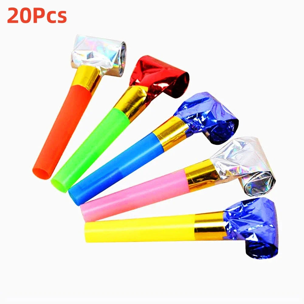 Set of colorful 20pcs musical blow outs with fringed metallic noisemaker and kids cute blowouts for parties