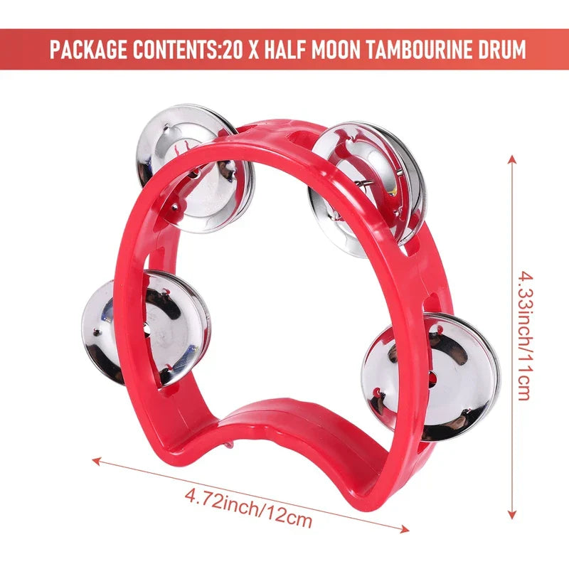 Red plastic half moon tambourine with shiny chrome bells for handheld tambourines percussion rhythm use