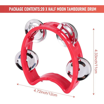Red plastic half moon tambourine with shiny chrome bells for handheld tambourines percussion rhythm use