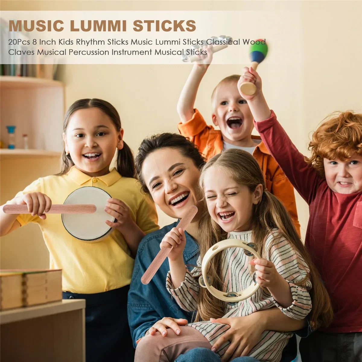 Colorful wooden 8 inch kids rhythm sticks designed as classical wood claves for musical percussion play