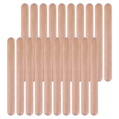 Set of 20 light brown 8 inch kids rhythm sticks made of smooth natural wood for classical wood claves and lummi sticks use