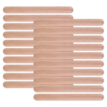Set of 20 light brown 8 inch kids rhythm lummi sticks classical wood claves with smooth rounded ends and natural wood grain