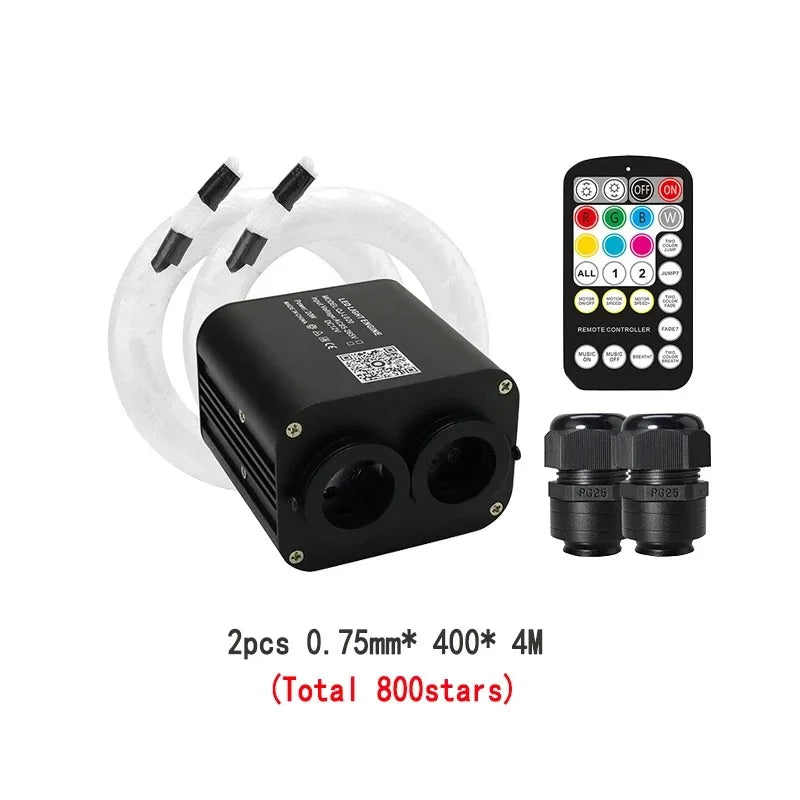 Black rectangular 20w rgb double fiber optic light fixture with two circular openings and connectors for car roof star use