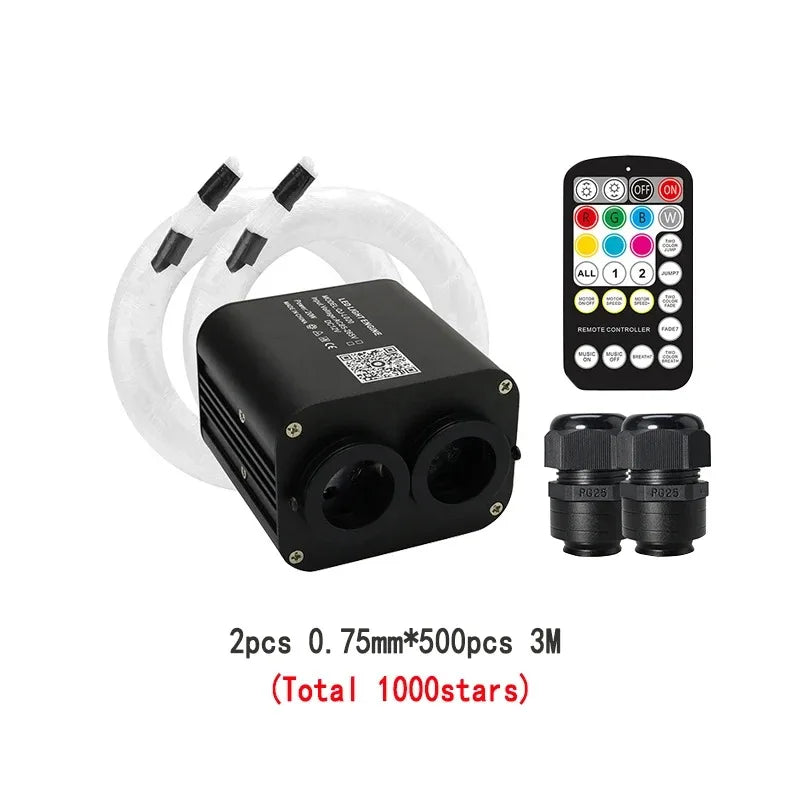 Black rectangular led fiber optic light controller with two ports remote and clear tubing for 20w rgb double car roof star kit