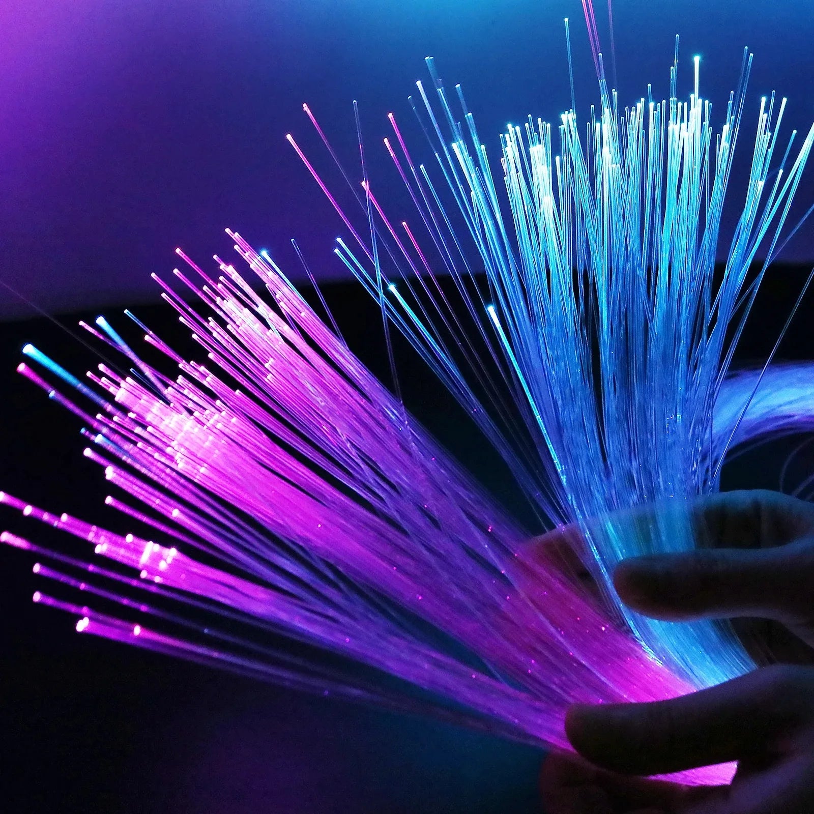 A hand holds glowing purple and blue fiber optic strands from a 20w rgb double car roof star ceiling kit